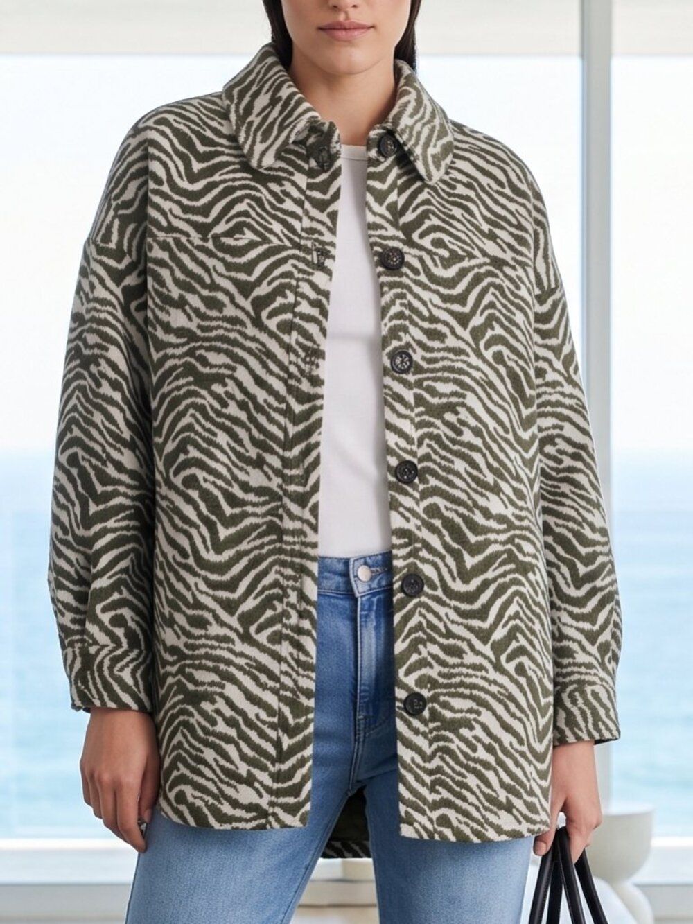 $450 PETER SOM green ivory zebra utility coat shacket barn coat S